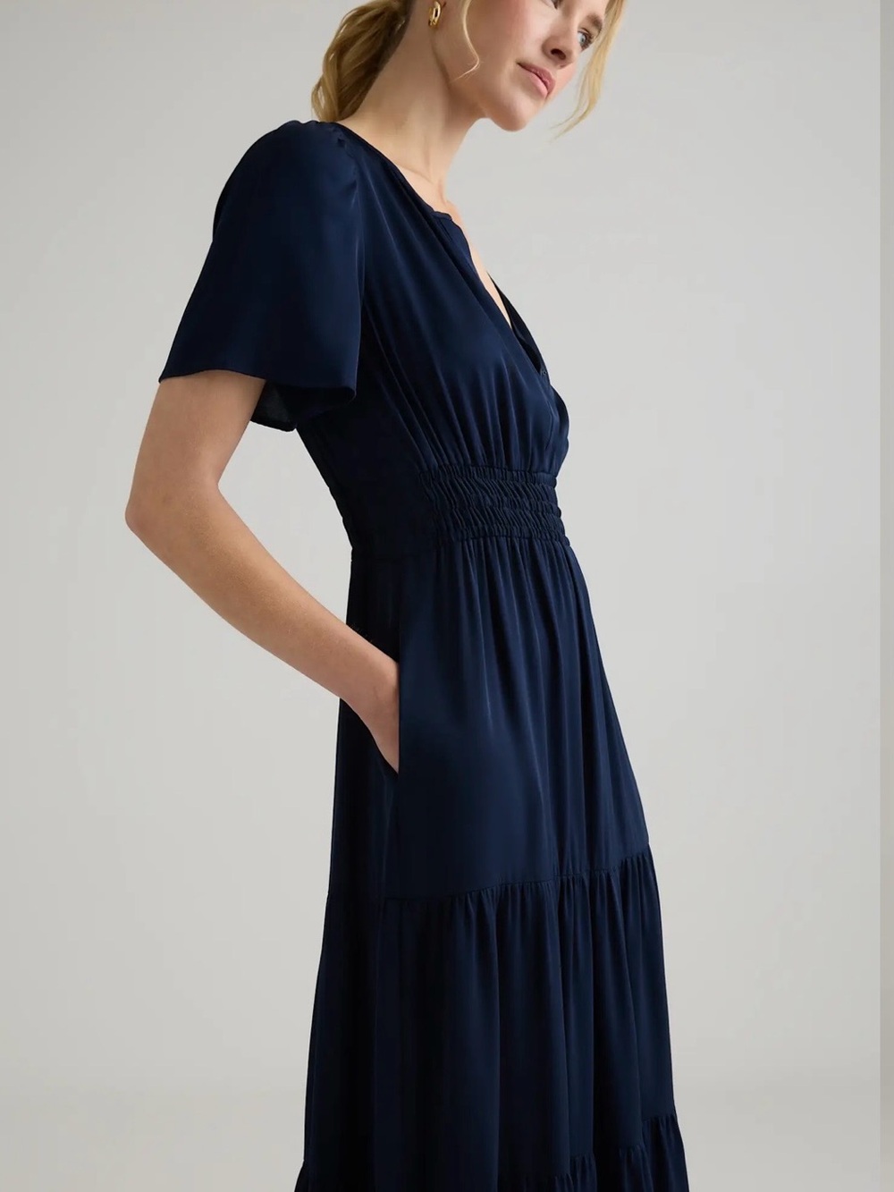 Quince Washable Stretch Silk Tiered Maxi Dress Navy Blue Large - Picture 3 of 14